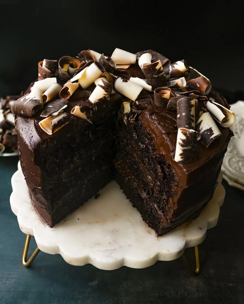 Chocolate layer cake with chocolate curls
